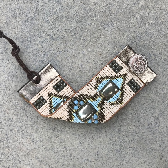 Pyrite leather loom bead boho bracelet - Picture 4 of 4